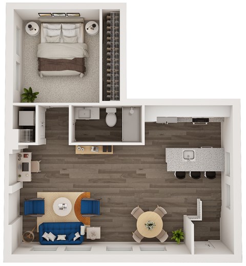 Floor plan for 1 bed, 1 bath, 885 sqft